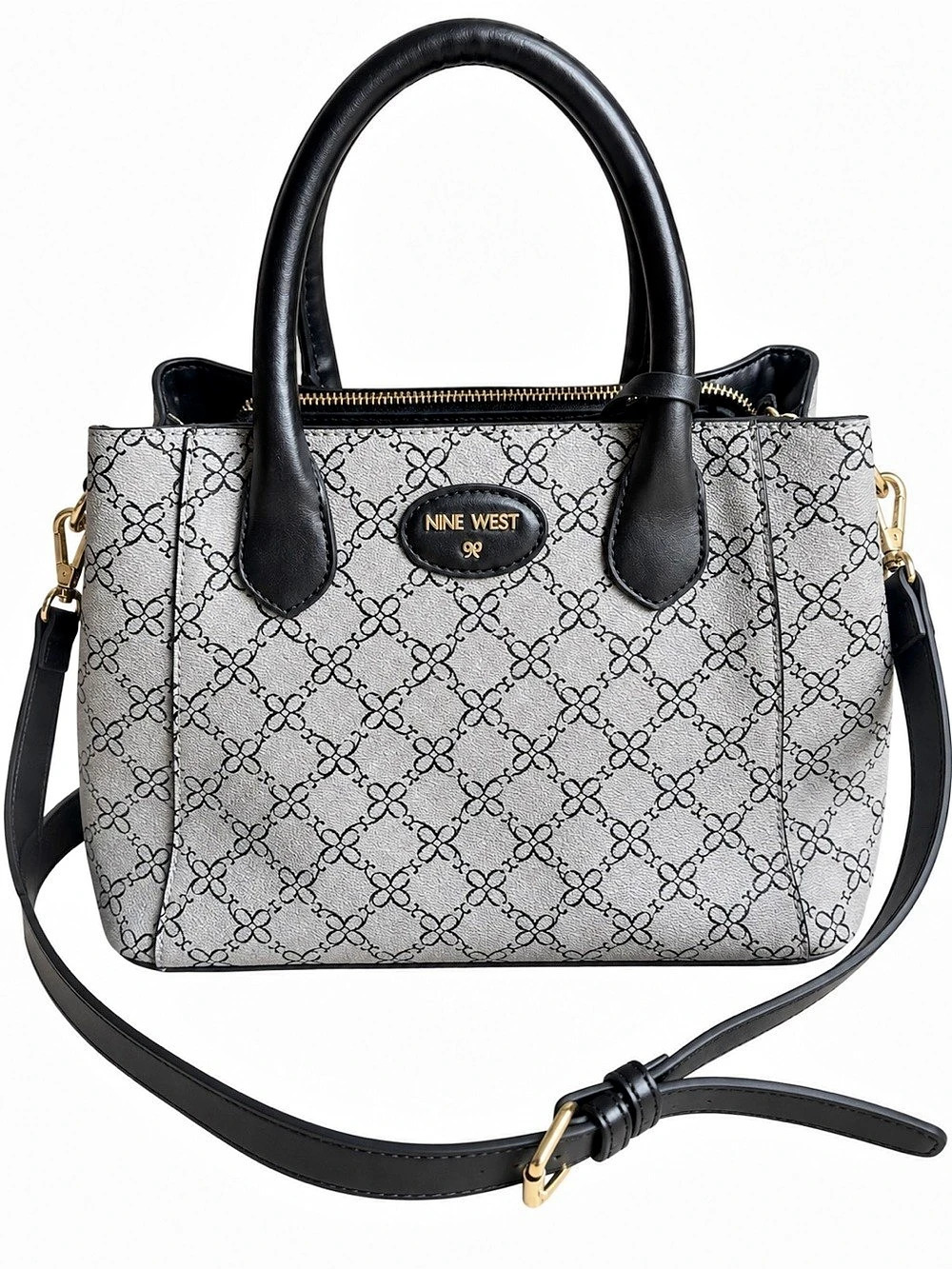 Nine West Gray Black Monogram Satchel Crossbody Bag Purse